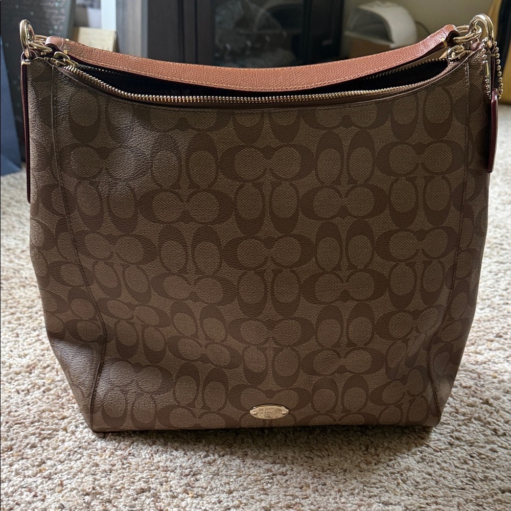 Coach Brown Signature Canvas Shoulder Bag with Leather Trim